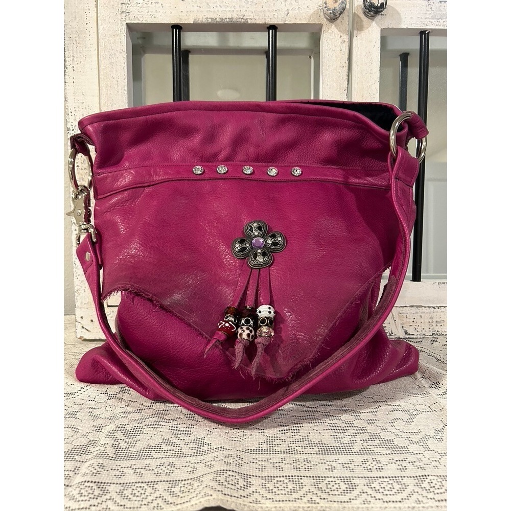 Fuschia Pink Leather Shoulder Handbag~Jeweled Tassels Handmade USA ~Becky Bag